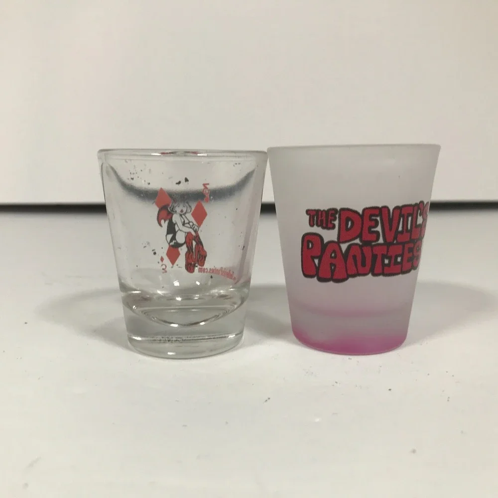 The Devils Panties Comic Shot Glass Set Clear Frosted Pink Fairy Graphic Barware